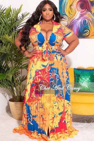 Final Sale Plus Size Collar Tie Top Pleated Maxi Dress in Yellow Red and Royal Blue