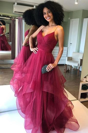 Shiny V Neck Backless Burgundy Prom Dress, Backless Maroon Formal Evening Dress OK1022