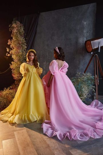 3211 Princess Pink Gown for Kids with Puffed Sleeves