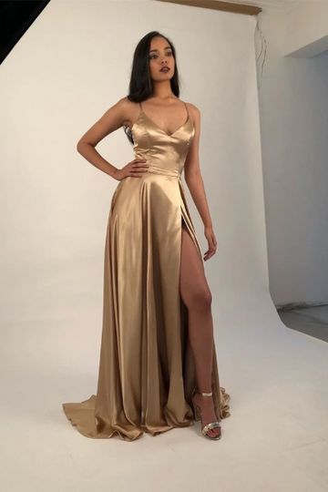 Champagne Gold Silk Satin Prom Dresses with Sexy Split GJS134
