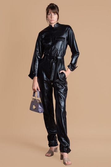 Coal Faux Leather Jumpsuit
