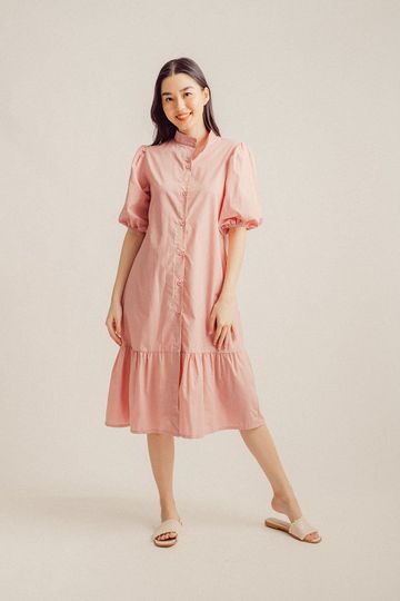 Viola Pink Mandarin Collar Buttondown Puff Sleeves Midi Dress