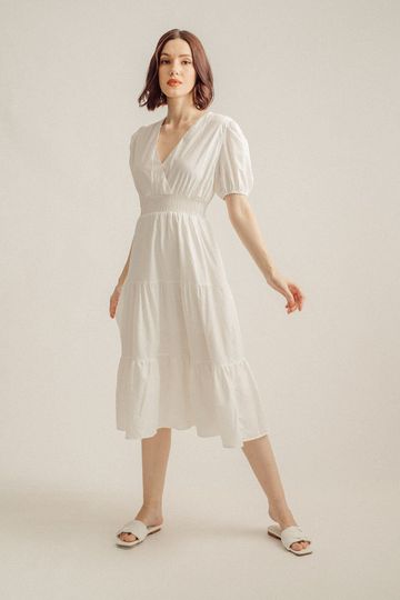 Carisse White V Neck Overlap Smocked Waist Short Sleeves Layer Midi Dress
