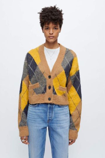 90s Oversized Cropped Cardigan - Caramel/Navy Argyle