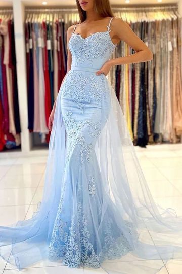 Baby Blue Lace Mermaid Long Prom Dresses With Overskirt Train GJS215