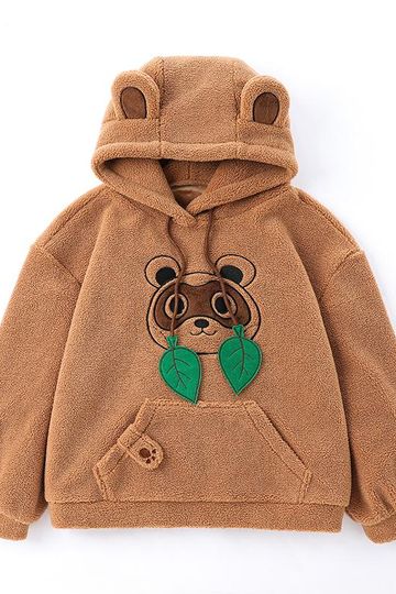 Leaf Tanuki Fuzzy Hoodie with Japanese Racoon Ears