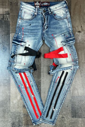 DENIMiCITY- tactical jeans w/ red and black straps