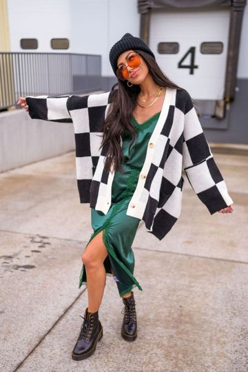 LALA ORIGINAL DESIGN: Love You Oversized Checkerboard Cardigan in Black/White *RESTOCKED*