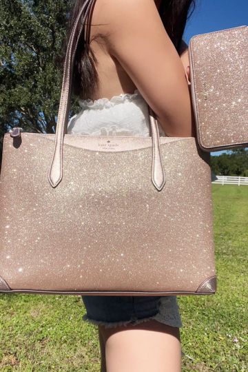 Kate Spade Shimmy Glitter Tote Shoulder Bag Rose Gold Pink + Continental Wallet