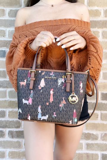 Michael Kors Jet Set XS Top Zip Carryall Tote Crossbody Brown MK Girls Print