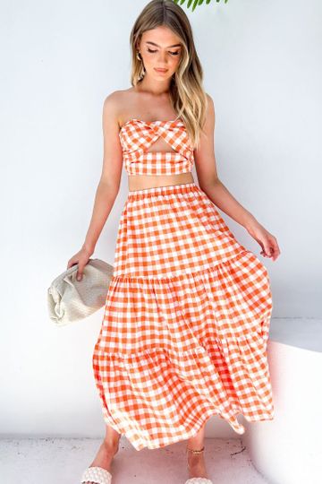 Cassian Orange Gingham Maxi Skirt