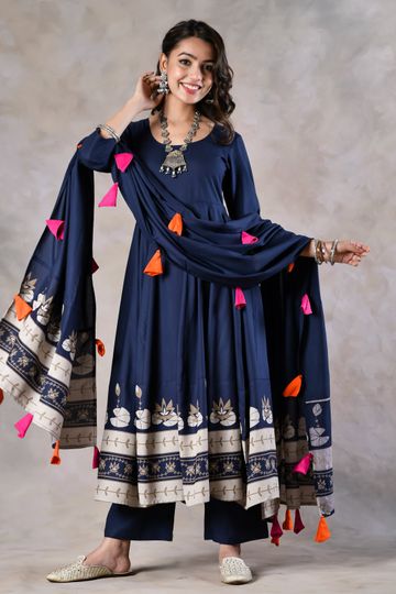 Navy Blue Kurta Pant Dupatta Set with Tassels