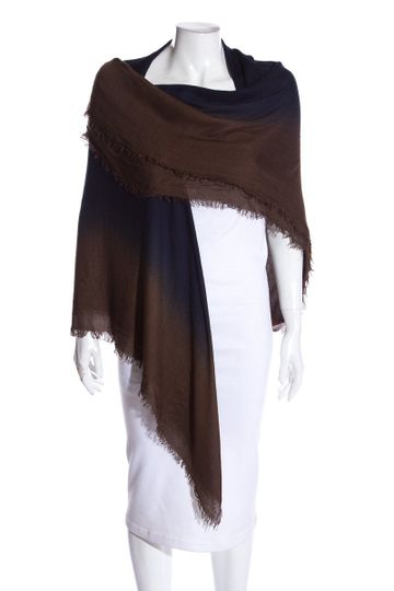 Bottega Veneta Brown & Navy Ombre Silk Scarf with Fringe Detail