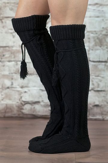 Alpine Boot Socks Black Heather Gray Red Or Charcoal Thigh High Tie Top Tassels Thick Boho Diamond Cable Knit Slouch Or Fold Down Cuffs Over The Knee Socks