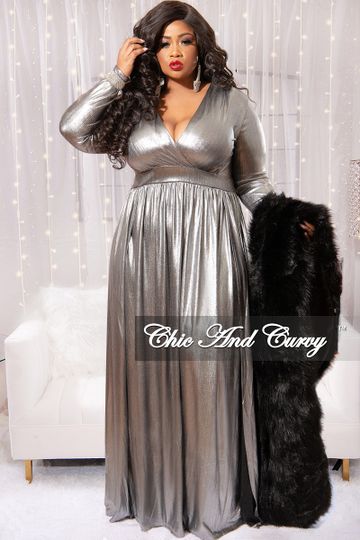 Final Sale Plus Size Faux Wrap Maxi Dress with Double Slits in Shiny Silver