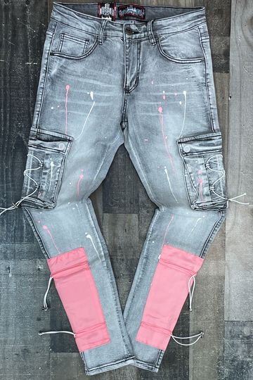 DENIMiCITY- light grey wash tactical cargo/pink nylon denim jeans