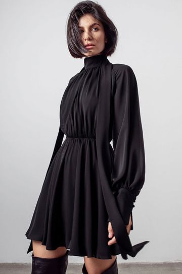 Celebrity Style High Neck Chiffon Long Sleeve Mini Dress - Black