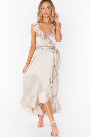 Samantha Ruffle Wrap Dress ~ Show Me The Ring Luxe Satin