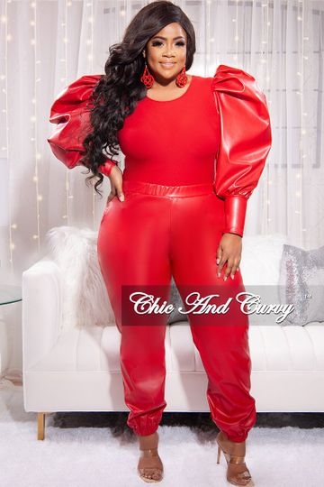 Final Sale Plus Size 2pc Faux Leather Puff Sleeve Top and Pants Set in Red