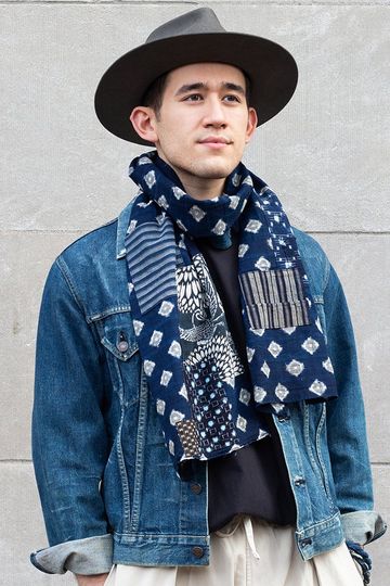 Boro Scarf, Indigo and Cream Kasuri with Katazome, Shima Patches and Sashiko