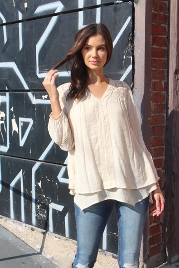 Women's Petite Long Sleeve Blouse with Lace and Crochet Details