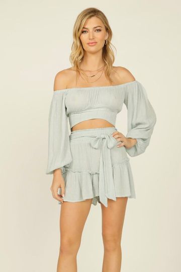 Atlantis Blue With Gold Stripe Swiss Dot Crochet Balloon Sleeve Top