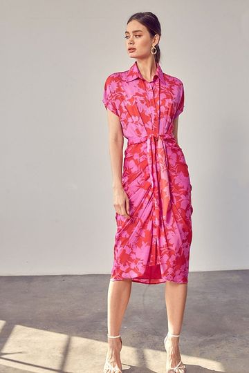 Leeward Short Sleeve Ruched Tie Waist Dress