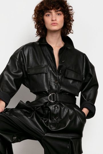 Linda Faux Leather Cargo Jumpsuit in Black