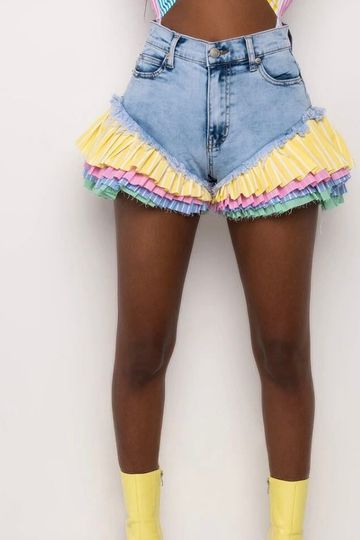 Pinstripe Ruffle Denim Shorts