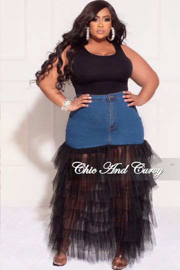 Final Sale Plus Size Denim Skirt with Tulle Layered Bottom