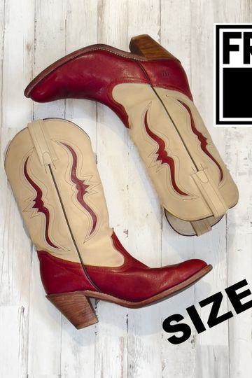FRYE Boots Size 10 Cowgirl Boots Red Tan Decorated Leather Western Cowboy Boots Women's Sz. 10