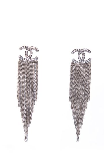 Chanel Silver Crystal CC Dangle Chain Earrings