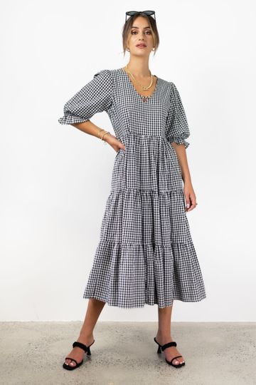 Among the Brave True Love V Neck Puff Sleeve Gingham Maxi