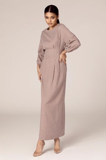 Plaid Balloon Sleeve Maxi Dress - Brown