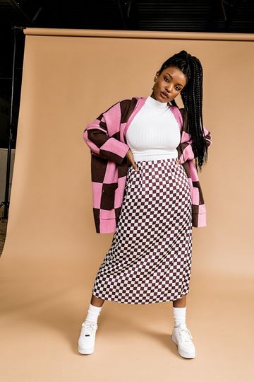 LALA ORIGINAL DESIGN: It Girl Checkerboard Skirt in Brown/White