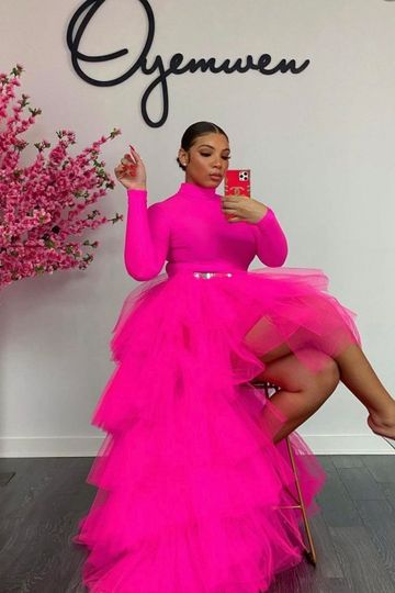 Oyemwen Hot Pink High Low Tulle Maxi Tutu Skirt Turtleneck Set