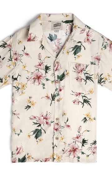 Naked & Famous - Camp Collar Shirt - Silky Flowers - Cream