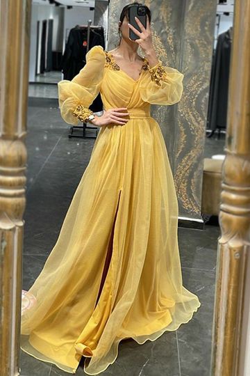 Yellow Long Sleeves Luxury Appliques A-line Side-slit Organza Long Prom Dress, PD3496