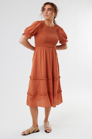 Sunny Mood Smocked Midi Dress-Rust