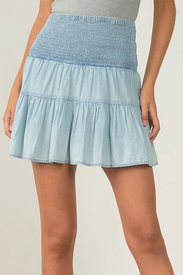 Elan ABC smocked Waist Tiered Washed Denim Skirt