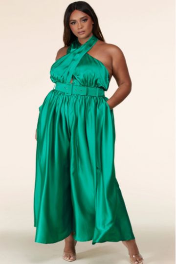 New Kelly Green Satin Belted Jumpsuit, Sizes 1X, 2X