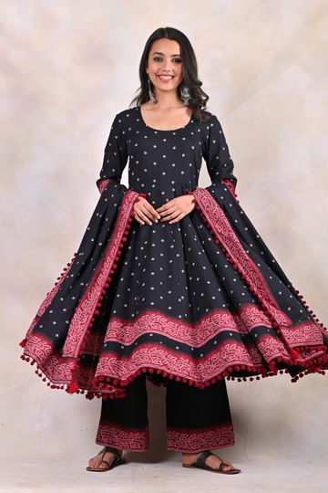 Black & Red Anarkali Kurta Pant Dupatta Set with Pompom Details