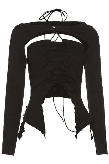 Black Beige Ribbed Drawstring Top With Sleeves