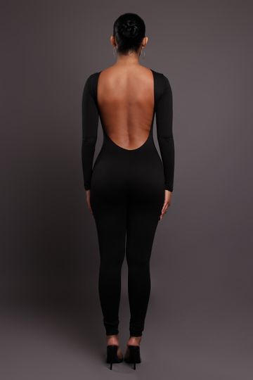 Hold Me Back Long Sleeve Backless Jumpsuit - Black