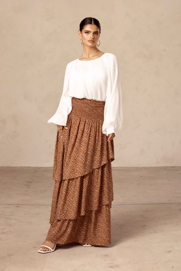 Brown Floral Ruffle Smocked Maxi Skirt
