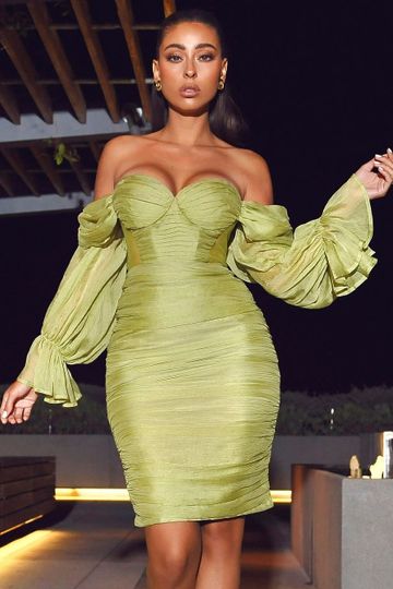 Sirene Silk Off Shoulder Midi Dress - Olive