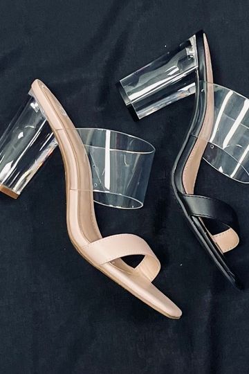BP Naomi Acrylic Clear Heel & Strap Sandal - Black or Blush