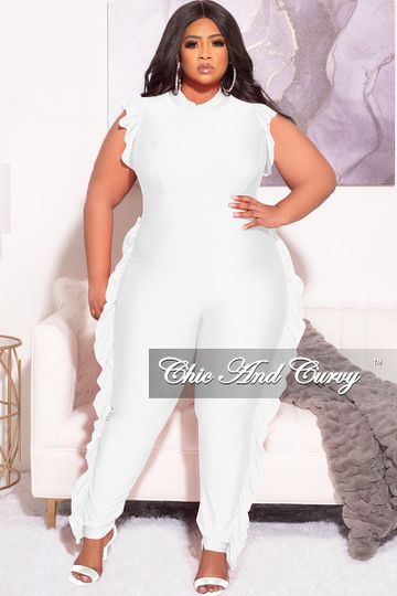 Final Sale Plus Size Jumpsuit with Ruffle Trim and Back Zipper in White
