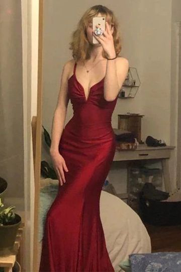 Spaghetti Straps Sexy V-neck Mermaid Open Back Burgundy Long Prom Dress, PD3524