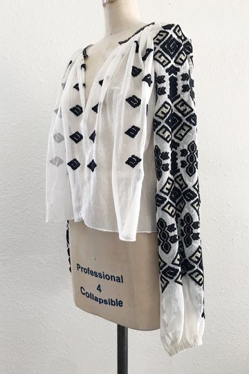 Urban Outfitters Ivory Mesh Embroidered Balloon Sleeve Top